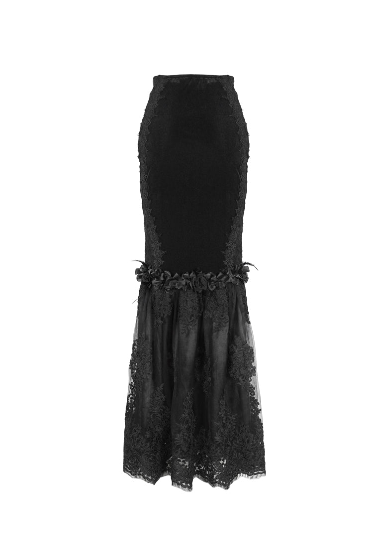 Black High Waisted Embroidery Stitching Lace Women's Gothic Skirt