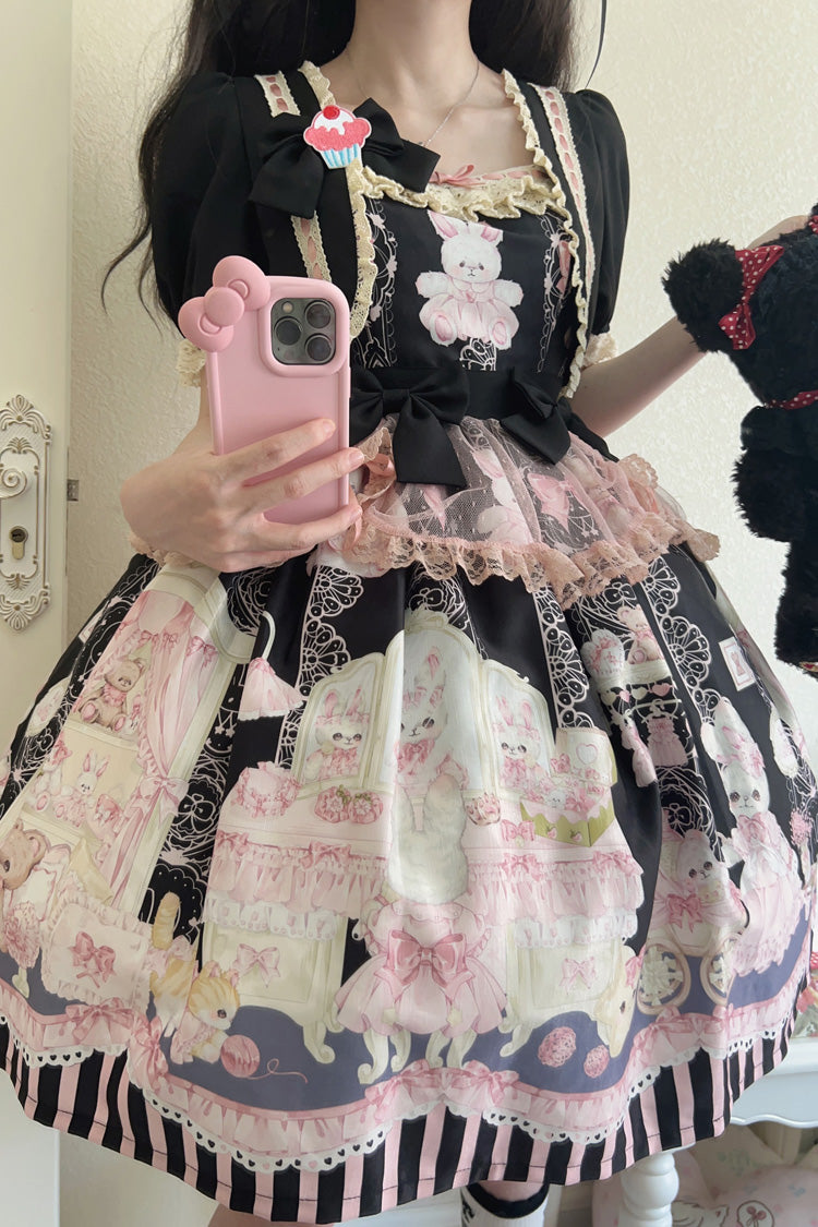 Süßes Lolita-Kleid mit Kaninchen-Bär-Druck, Rüschen und Schleife, 3 Farben