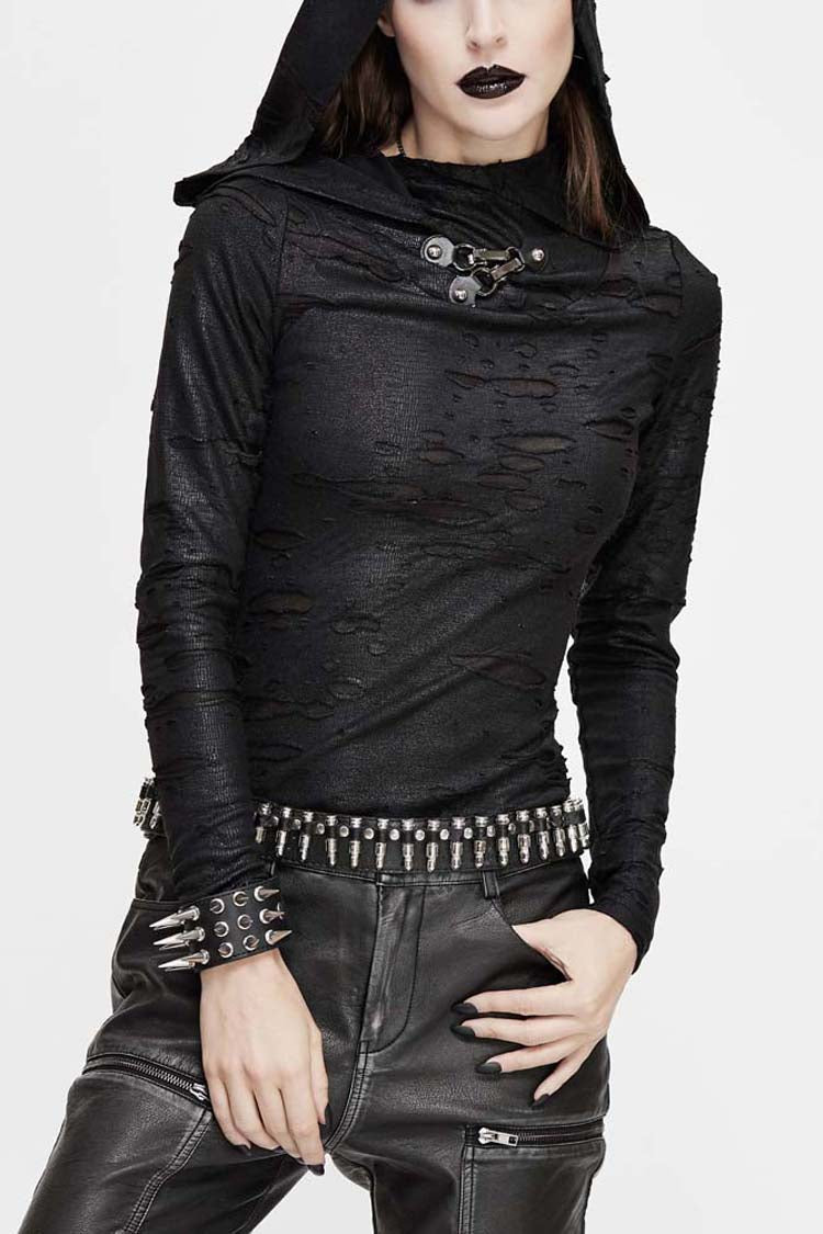 Schwarzes asymmetrisches Punk-Shirt mit Schlangenhaut-Muster und Kapuze für Damen mit Dreieck-Metallnägeln