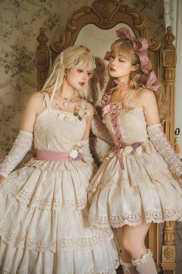 Ivory [Forest Waltz] Embroidery Bowknot Lace-Up Slim Sweet Elegant Lolita Suspender Top