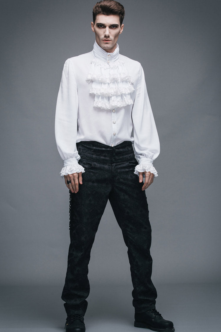 White Ruffled Lace Button-Up Micro-bullet Chiffon Long Sleeve Men's Gothic Shirt