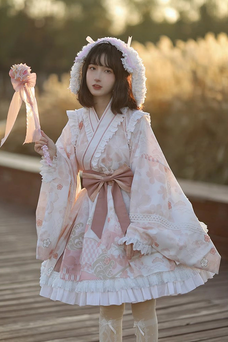 Apricot Long Trumpet Sleeves Cherry Blossom Print Ruffle Sweet Japanese Lolita Dress