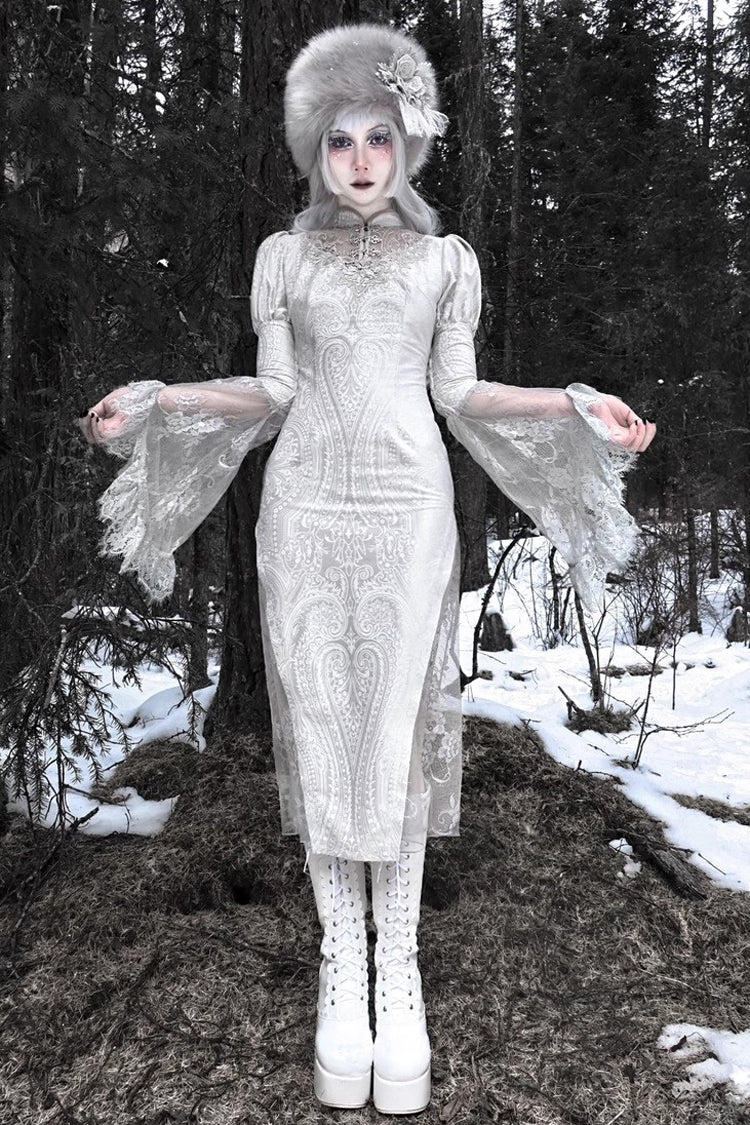 Silver [The Call of the Snow Country] V Collar Long Sleeves High Waisted Ruffle Lace Gothic Lolita Fishtail Dress