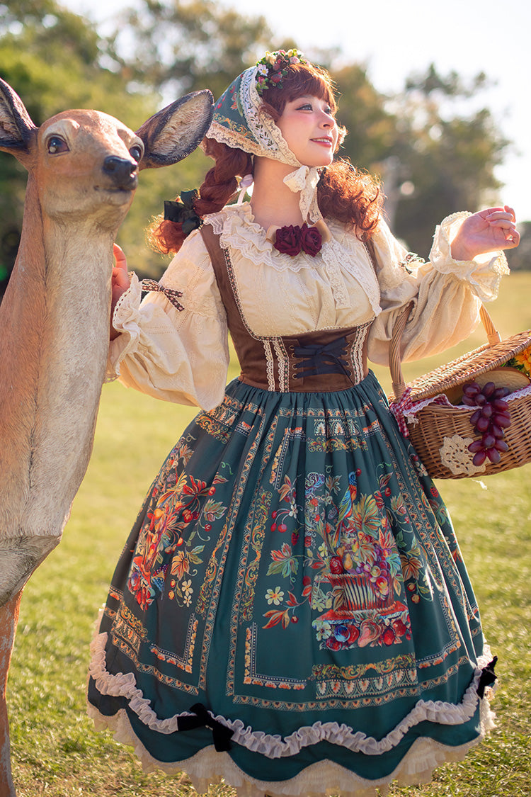 Green [Ode to Plenty] Berries and Birds Print Ruffle Bowknot Velvet Classic Lolita Breast Support Jsk Dress