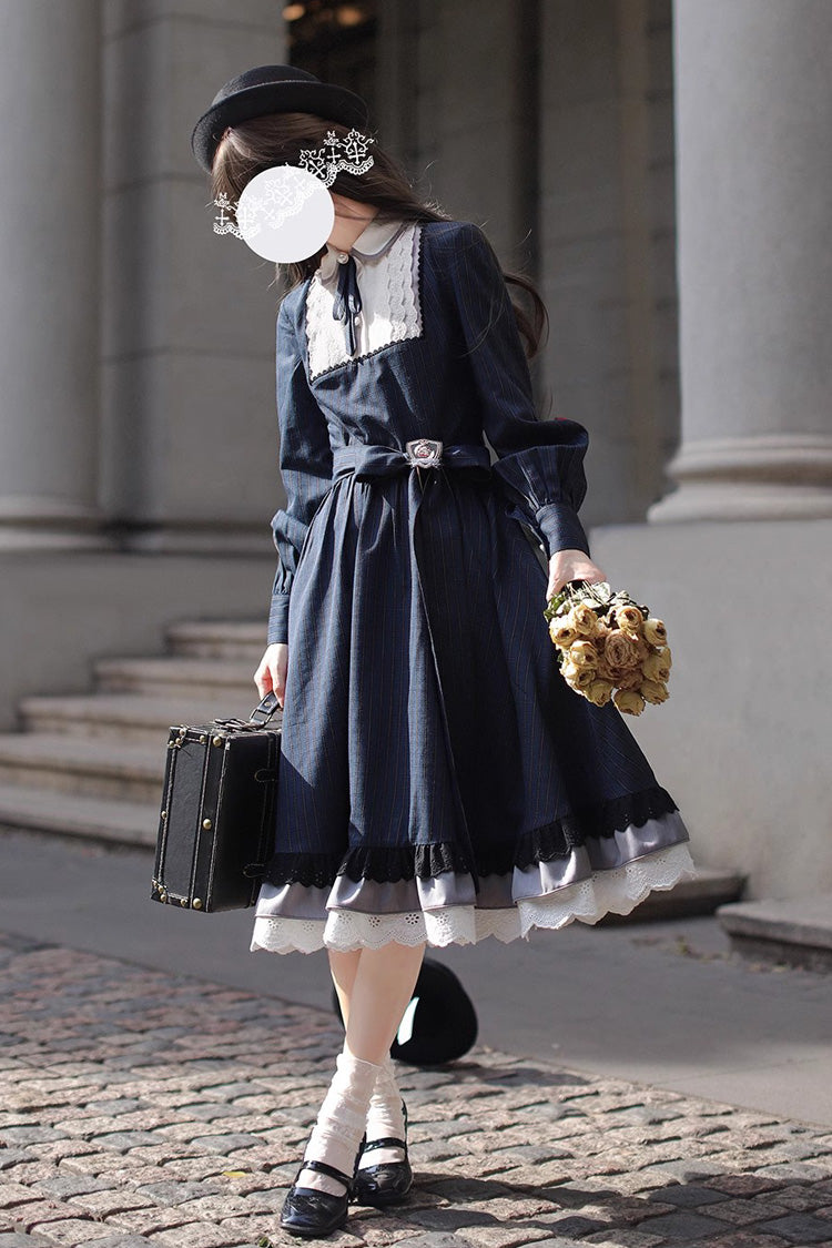 Dark Blue [Phyllis] Plaid Print Ruffle Bowknot Lace Vintage Elegant Lolita Dress