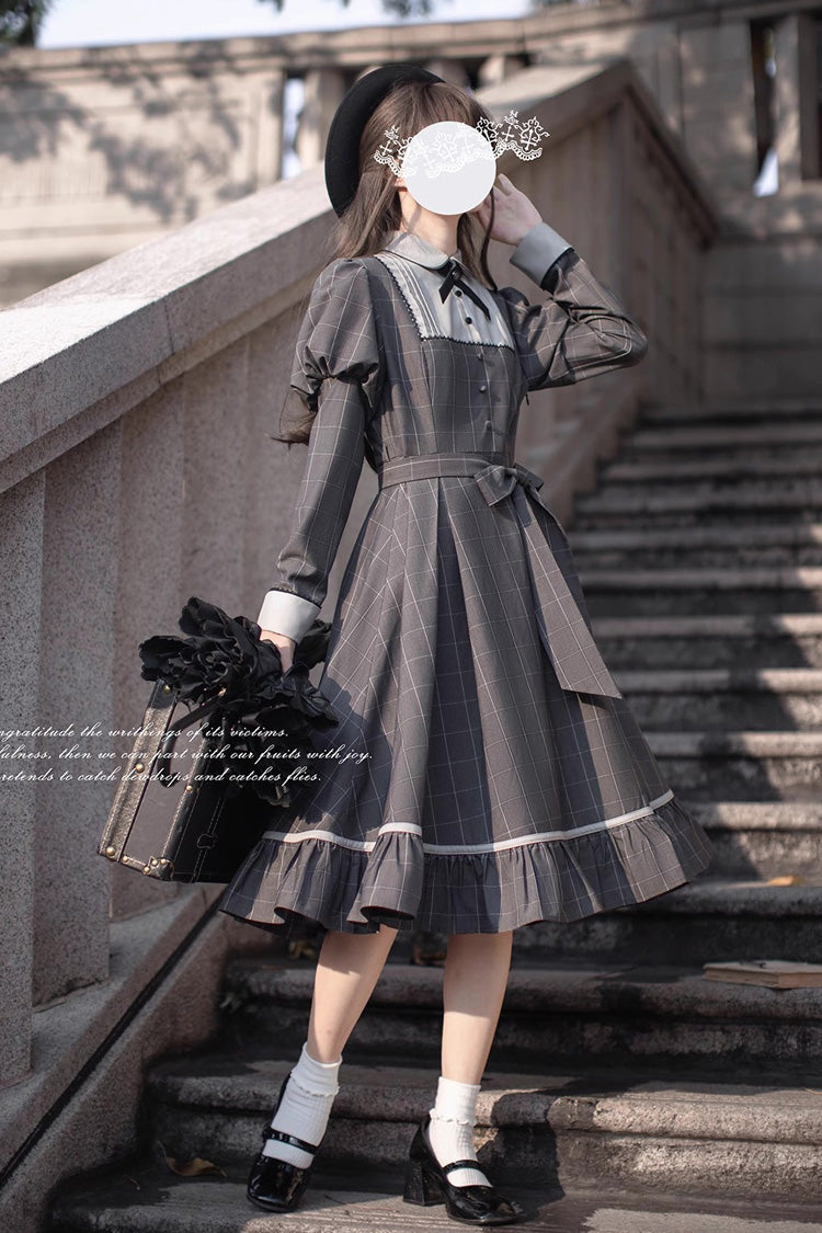 Grey Plaid Print Ruffle Bowknot Classic Vintage College Style Elegant Lolita Dress