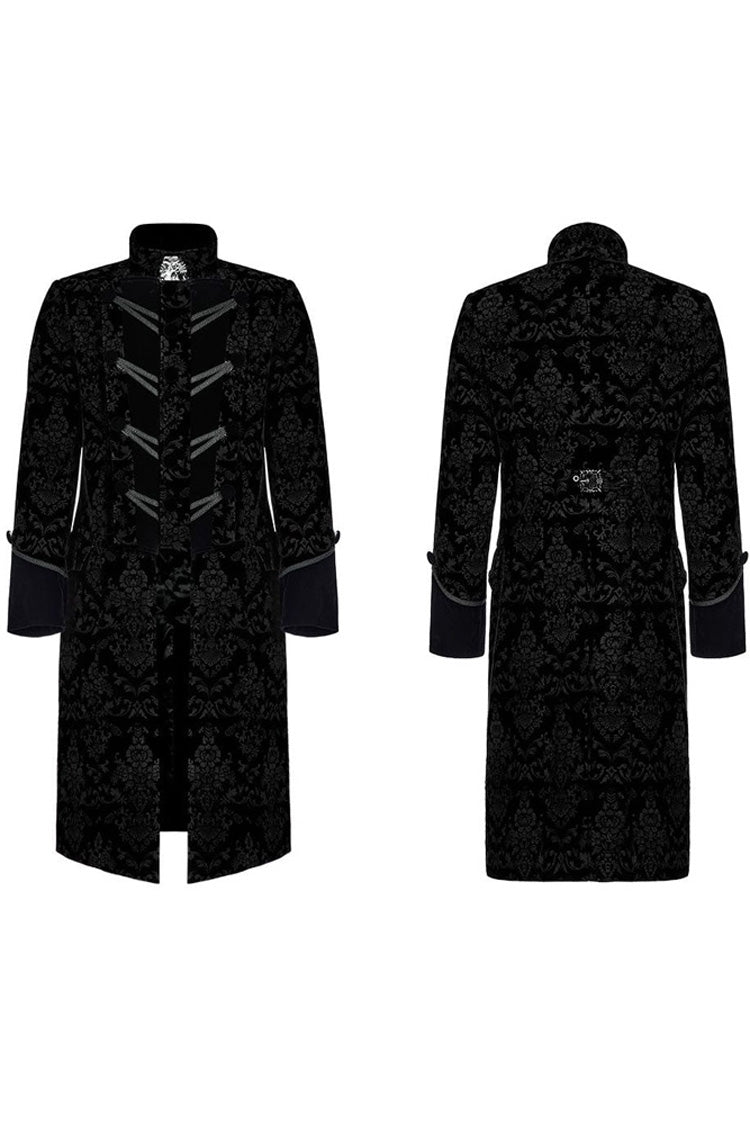 Black Punk Weft Velveteen Print Splicing Stand Collar Lacework Decorate Long Men's Coat