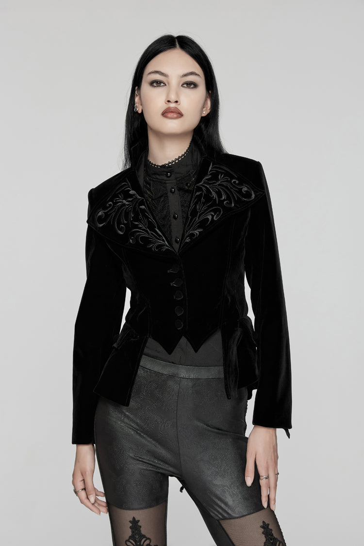 Schwarze langärmlige Gothic-Jacke aus Samt mit Schwalbenschwanzmuster für Damen