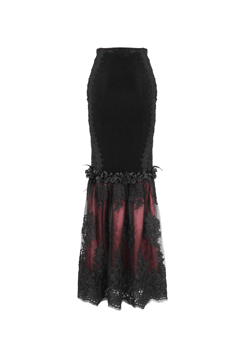 Black/Red High Waisted Embroidery Stitching Lace Women's Gothic Skirt