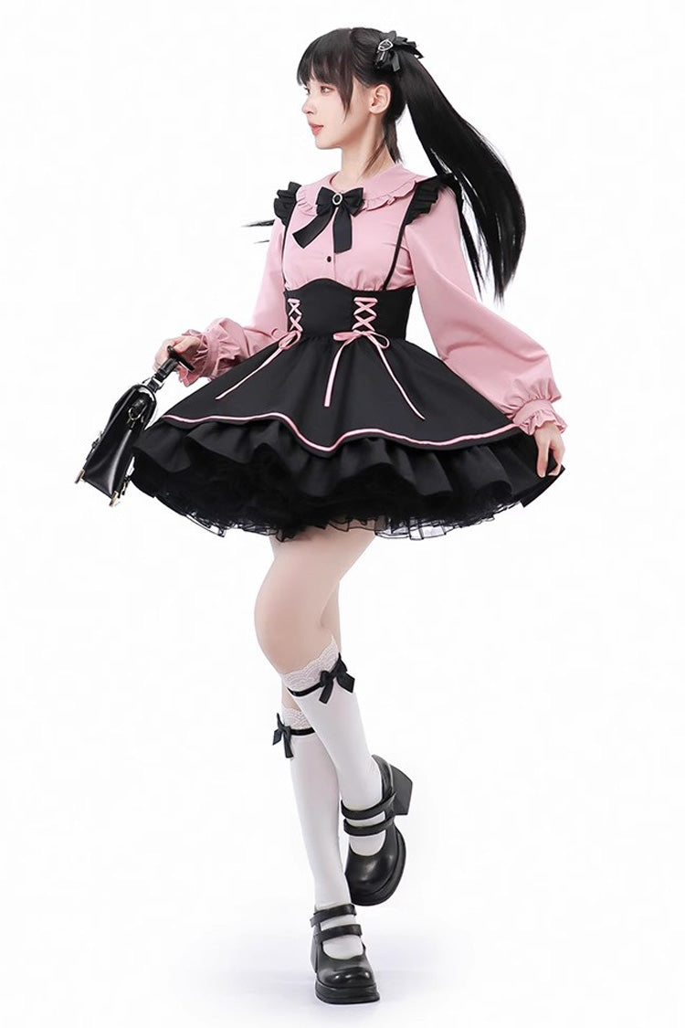 Black/Pink First Sakura Long Sleeves Multi-layer Lace-Up Sweet Jirai Kei Japanese Set