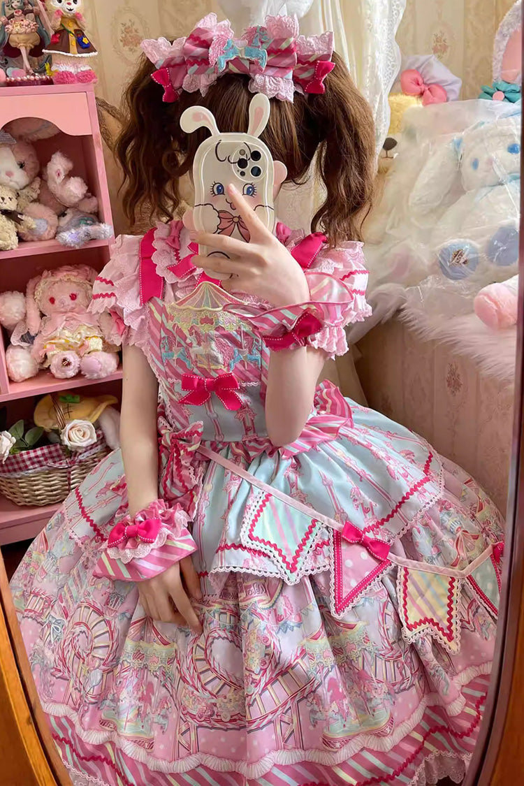 Blau/Rosa Sweet Lolita JSK Kleid mit Rüschen und Schleife im Candy Park-Print