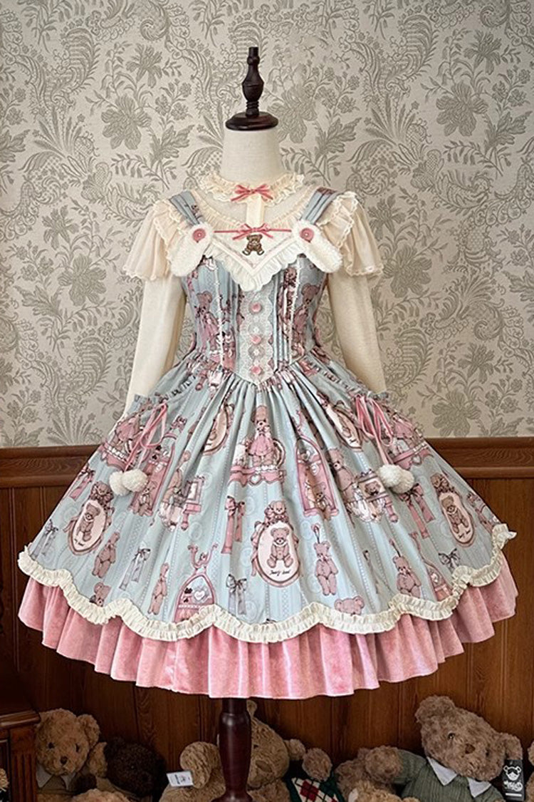 Pink/Green Bear Doll Wall Print Lamb's Ear Ruffle Embroidery Bowknot Sweet Lolita Dress