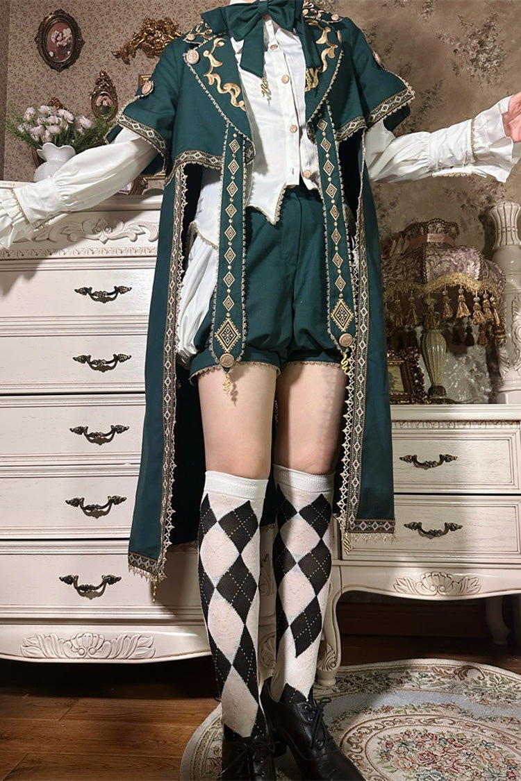 Green [Theocratic Messenger] Embroidery Classic Military Gorgeous Handsome Ouji Lolita Coat Blouse Shorts Set