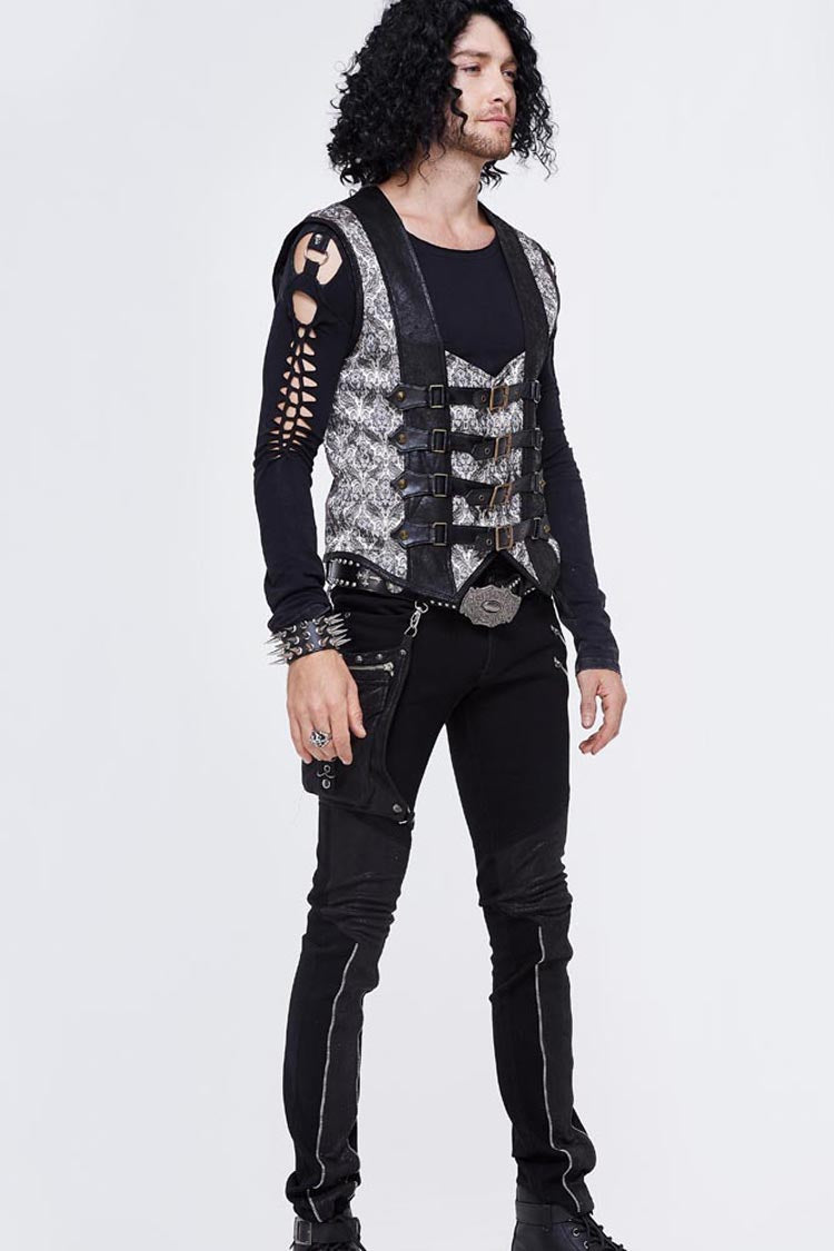 Silver Back Lace Up Jacquard Splice Chest Loop Men's Punk Waistcoat