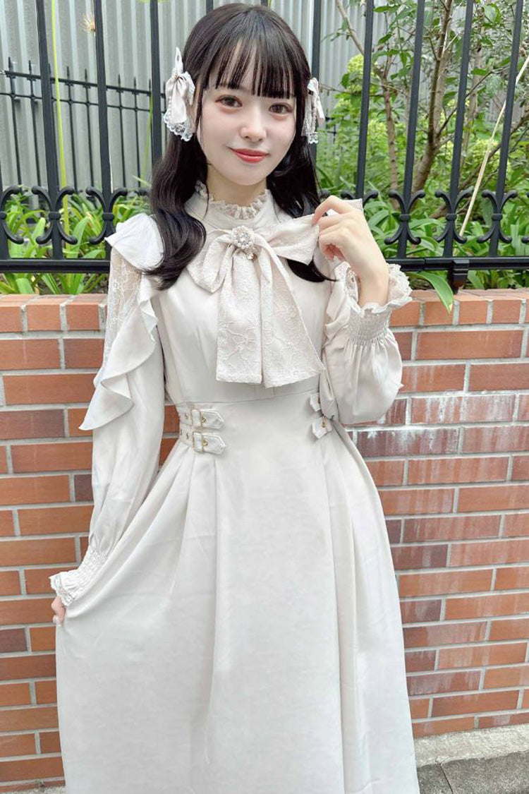 White Stand Collar Off Shoulder Long Sleeves Hollow Bowknot Slim Jirai Kei Japanese Dress