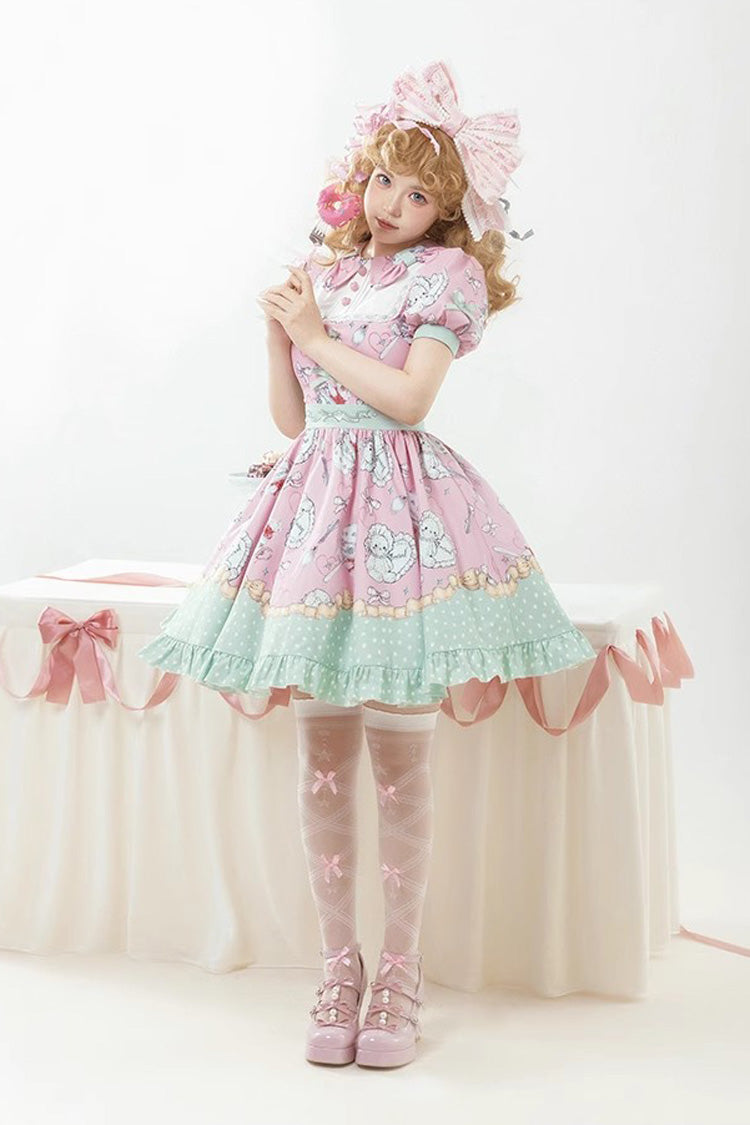 Pink/Green Tea Time Donut, Cake and Bear Print Ruffle Sweet Elegant Lolita Dress