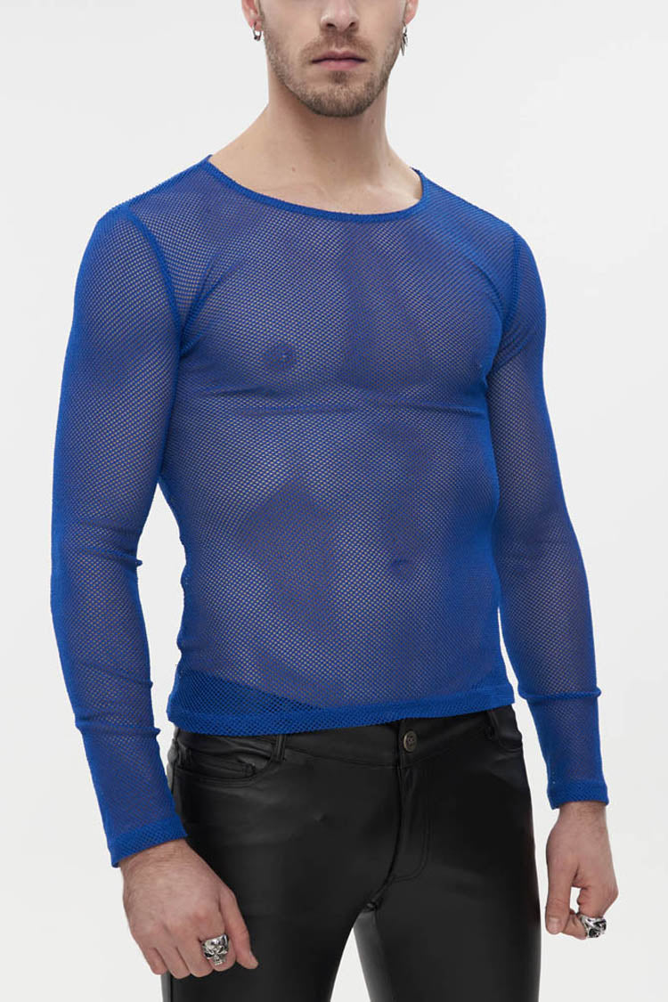 Blue Gothic Elasticity High Neck Long Sleeve Mesh Men's Shirt