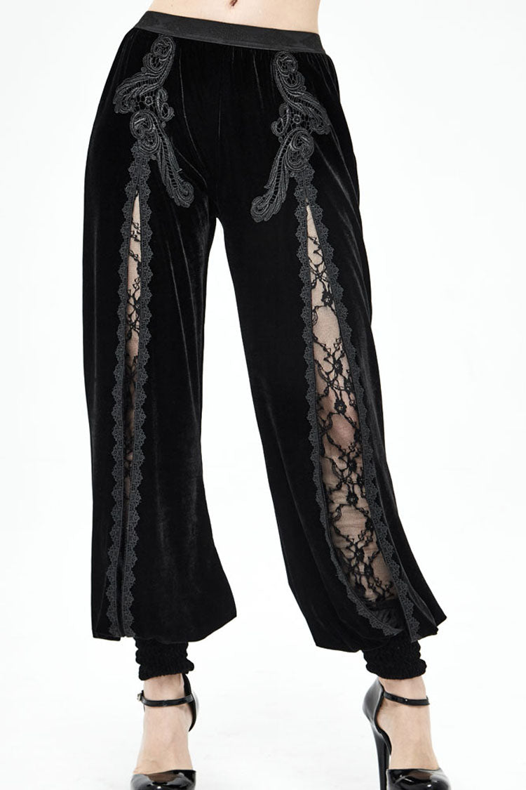 Black Gothic Front Decals Split Splice Mesh Velvet Women's Pants