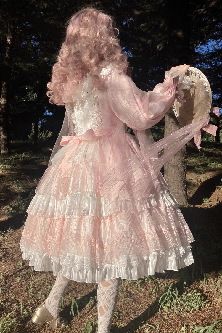 Pink Hanayome Long Sleeves Bowknot Multi-Layer Ruffled Sweet Lolita OP Tiered Dress