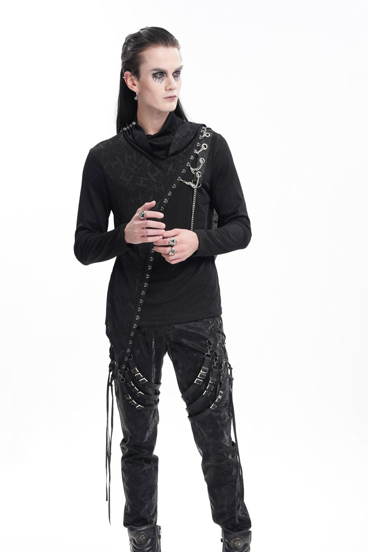 Schwarzes, langärmliges, asymmetrisches Gothic-Sweatshirt für Herren mit Kettenmuster und Drucknähten