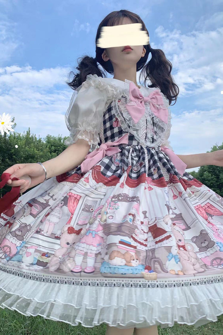 Black/Pink Plush Bear and Doll Print Ruffle Bowknot Lace Sweet Lolita Jsk Dress