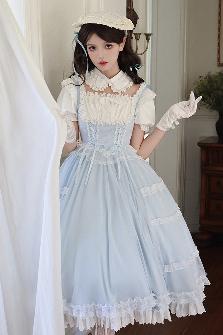 Hellblaues Lolita-Kleid-Set mit eckigem Kragen, kurzen Ärmeln und Rüschen