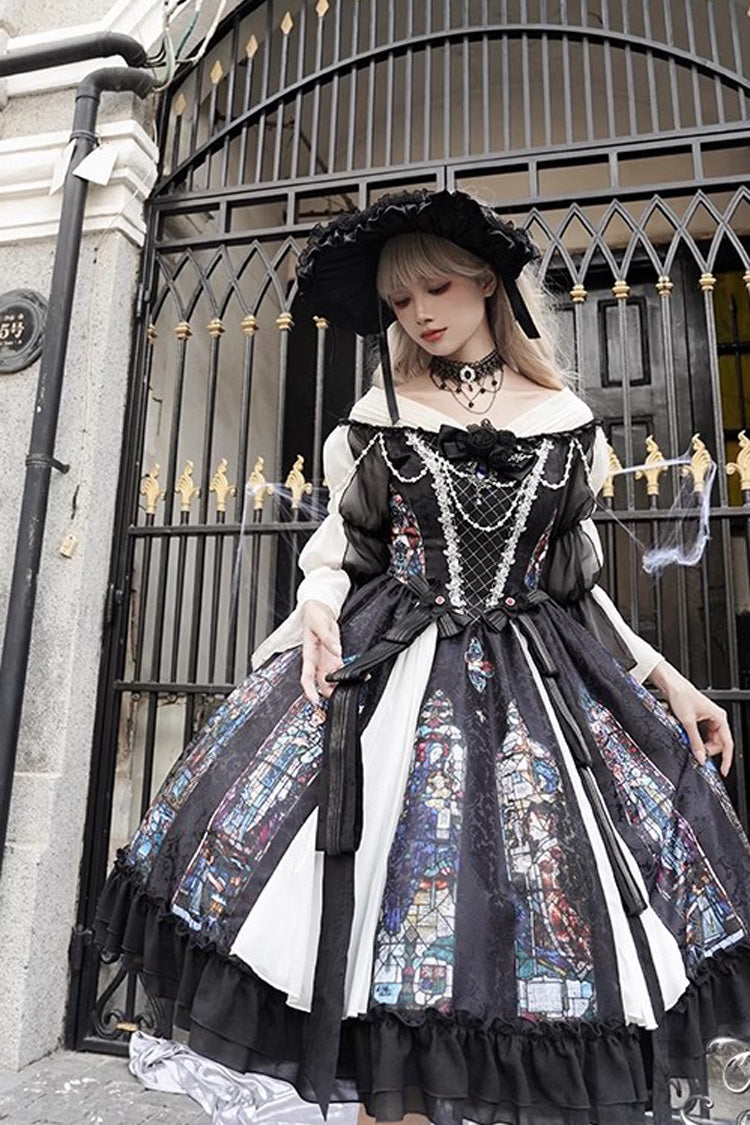 Black Stained Window Print Ruffle Bowknot Gothic Elegant Lolita Jsk Dress