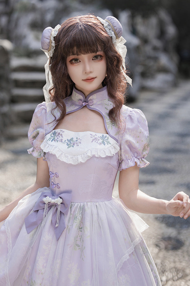 Purple Lilac Short Sleeves Hollow Embroidery Sweet Chinese Cheongsam Style Lolita Dress