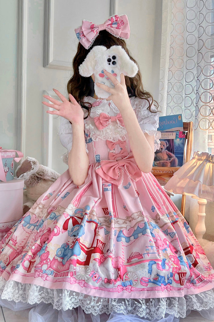 Pink Doll Playground Print Ruffle Bowknot Sweet Lolita Jsk Dress