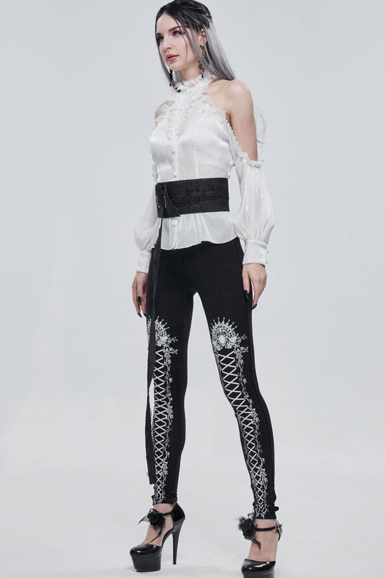 Black/White Gothic Printed Decoration Tie-Rope Elasticity Women's Leggings