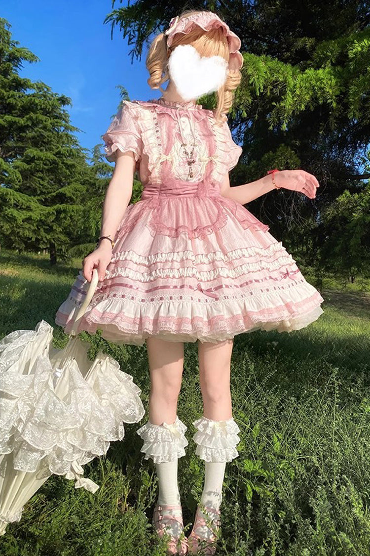 Pink Rabbit Print Sweet Dream Girl Short Sleeves Ruffle Bowknot Stitching Lace Lolita Dress