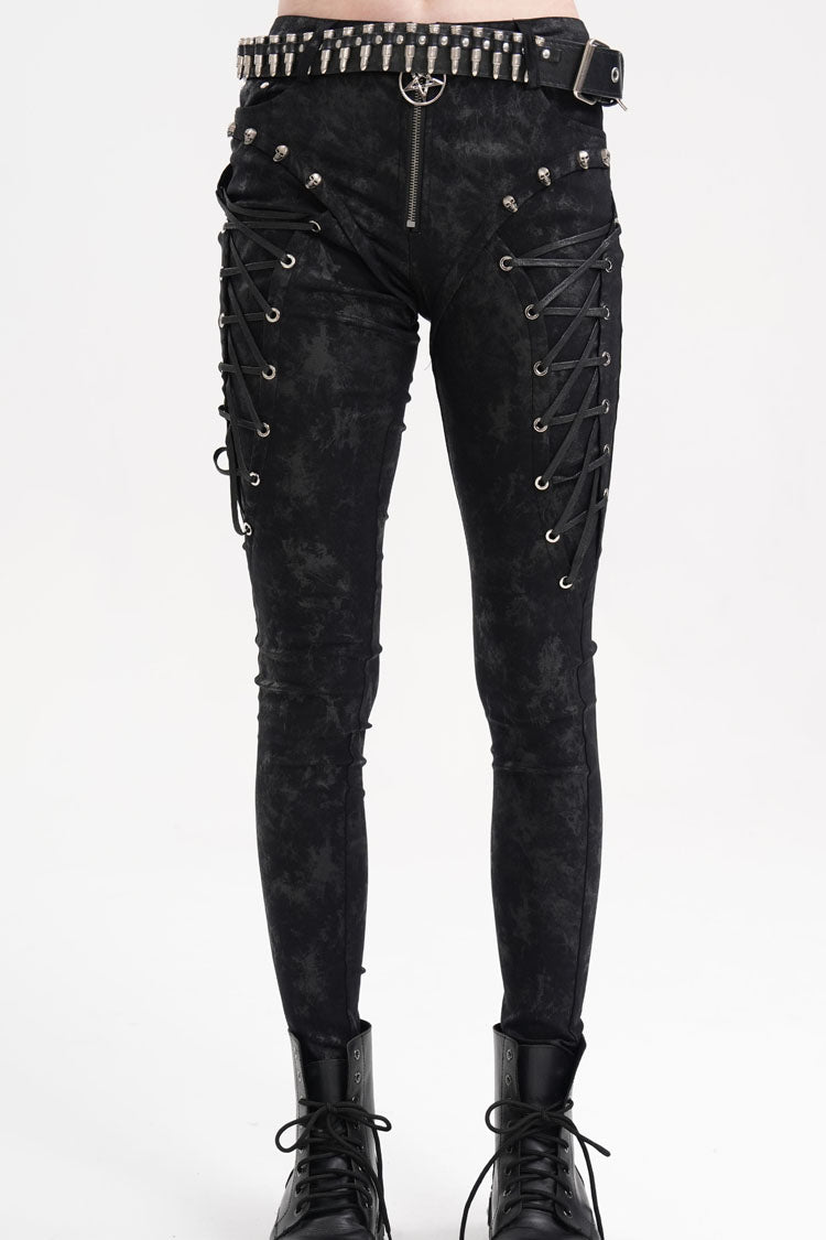 Black Skull Rivets Lace-Up Women's Punk Pants