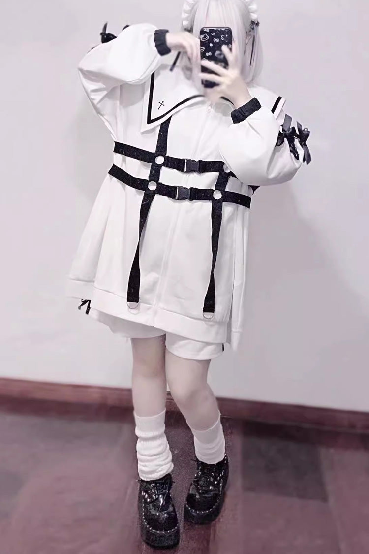 Sailor Collar Long Sleeves Cross Print Bowknot Sweet Jirai Kei Coat 3 Colors
