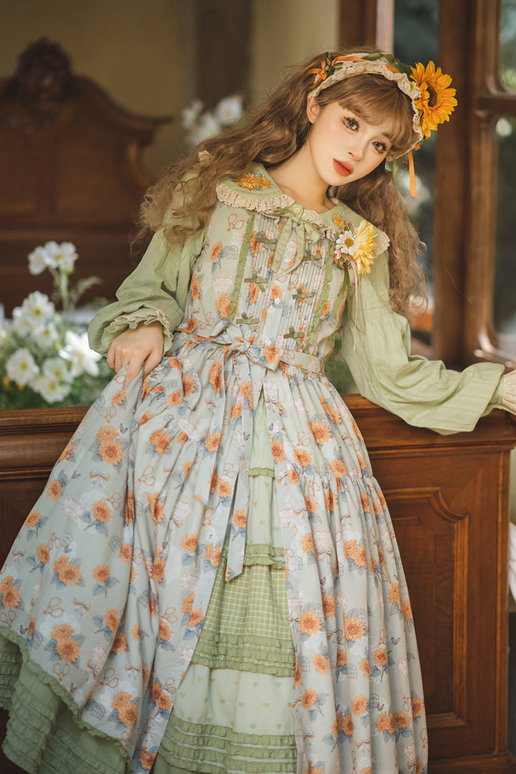 Green [Gardening Sunflower] Sleeveless Print Ruffle Bowknot Sweet Elegant Lolita Jsk Dress