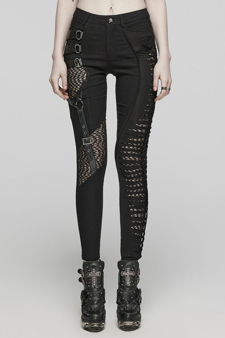 Black Hollow Decoration Mesh Asymmetric Women's Steampunk Pants