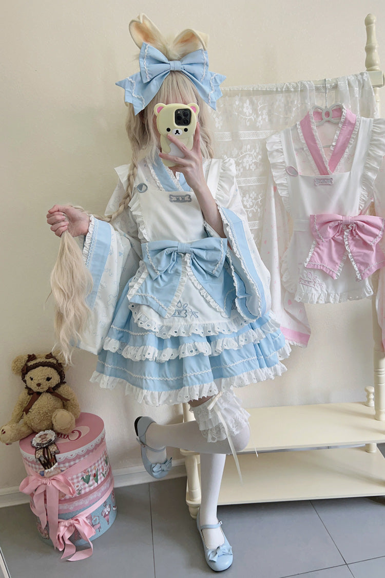 Blue/White Double-Layered Ruffle Bowknot Maid Sweet Lolita Skirt Set