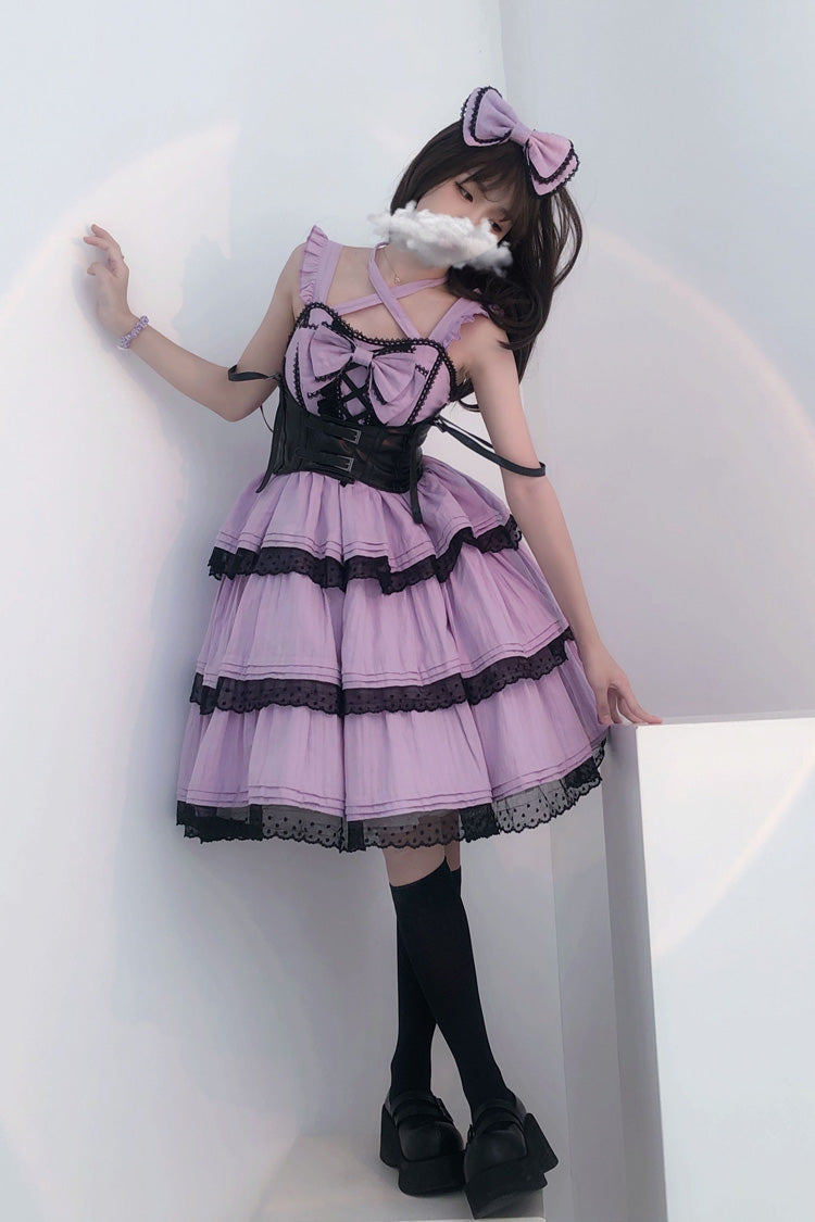 Lilafarbenes, süßes Lolita-JSK-Kleid von First Love mit Rüschen, Schleife und Spitze