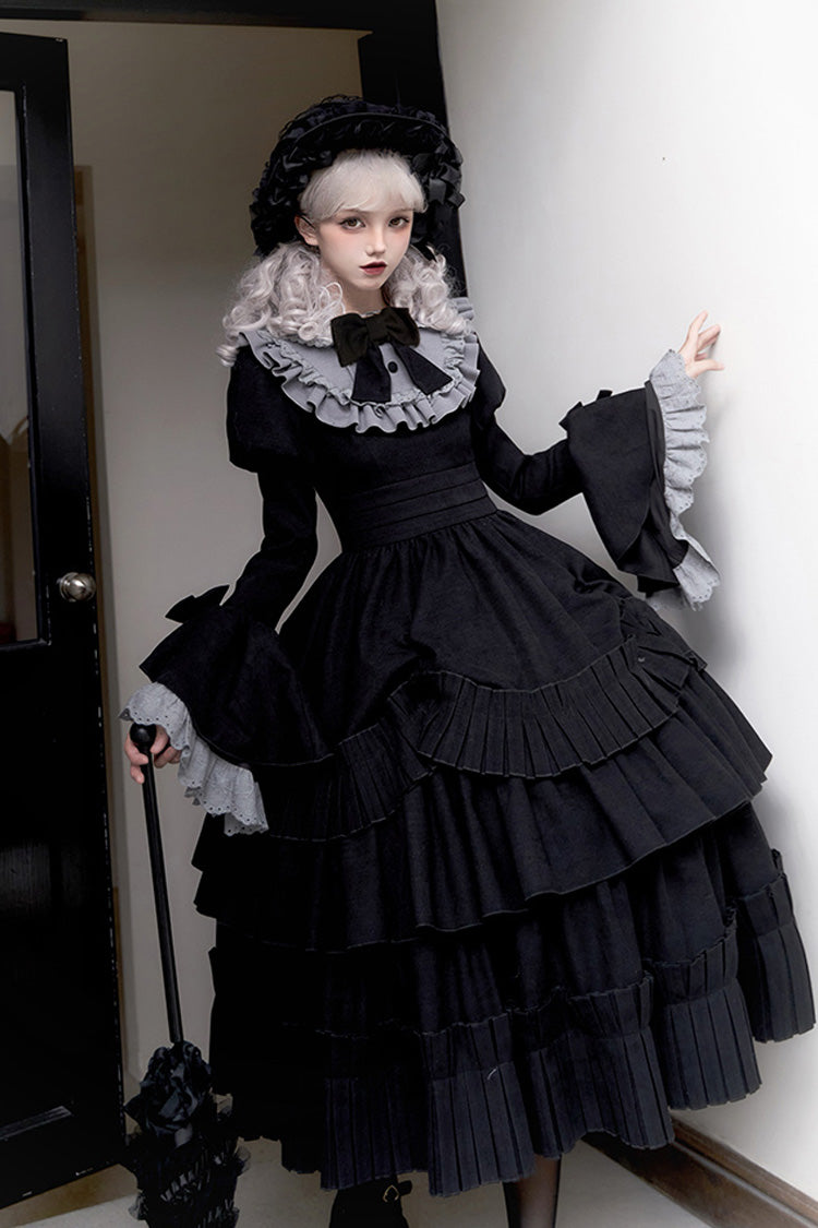 Schwarzes [Chapter of the Night] Gothic Lolita Kleid mit langen Hime-Ärmeln, Rüschen und Schleife