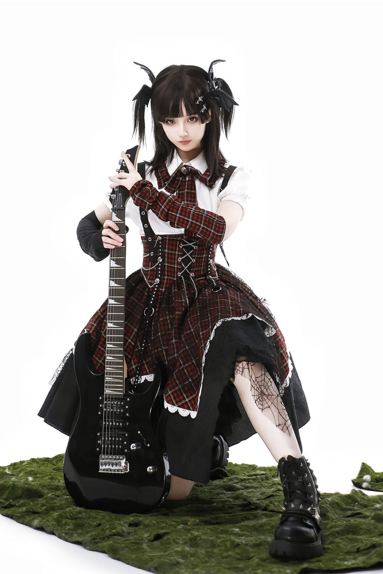 Schwarz/Rot [Soul Mantra] Süßes Lolita-Trägerkleid mit Karomuster und unregelmäßigem Saum