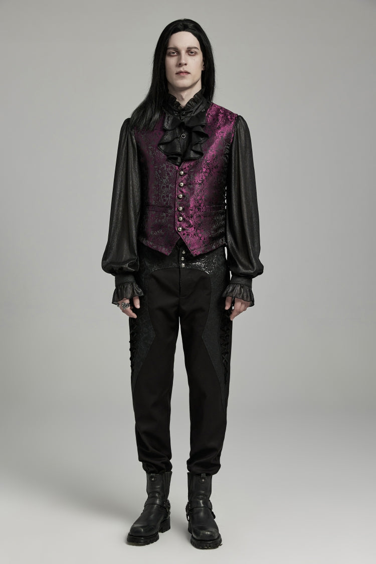 Black/Red Jacquard Lace-Up Slim Men's Gothic Vest