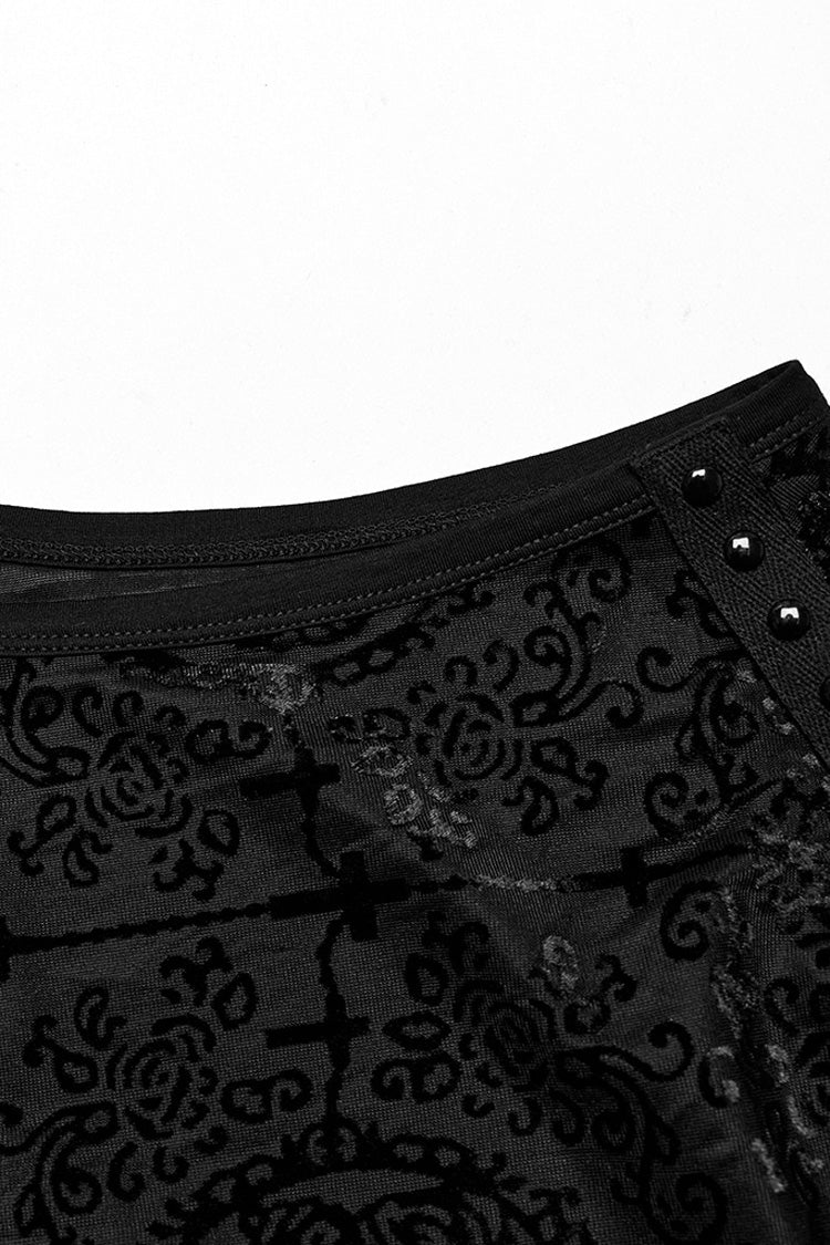 Black Sleeveless Beaded Cross Flocking Print Men's Gothic Tank Top
