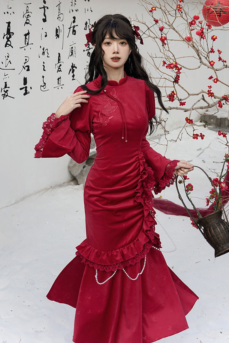 Rotes, langärmliges, gerüschtes, besticktes Schleifenkleid mit Spitze im klassischen chinesischen Stil, elegantes Lolita-Kleid