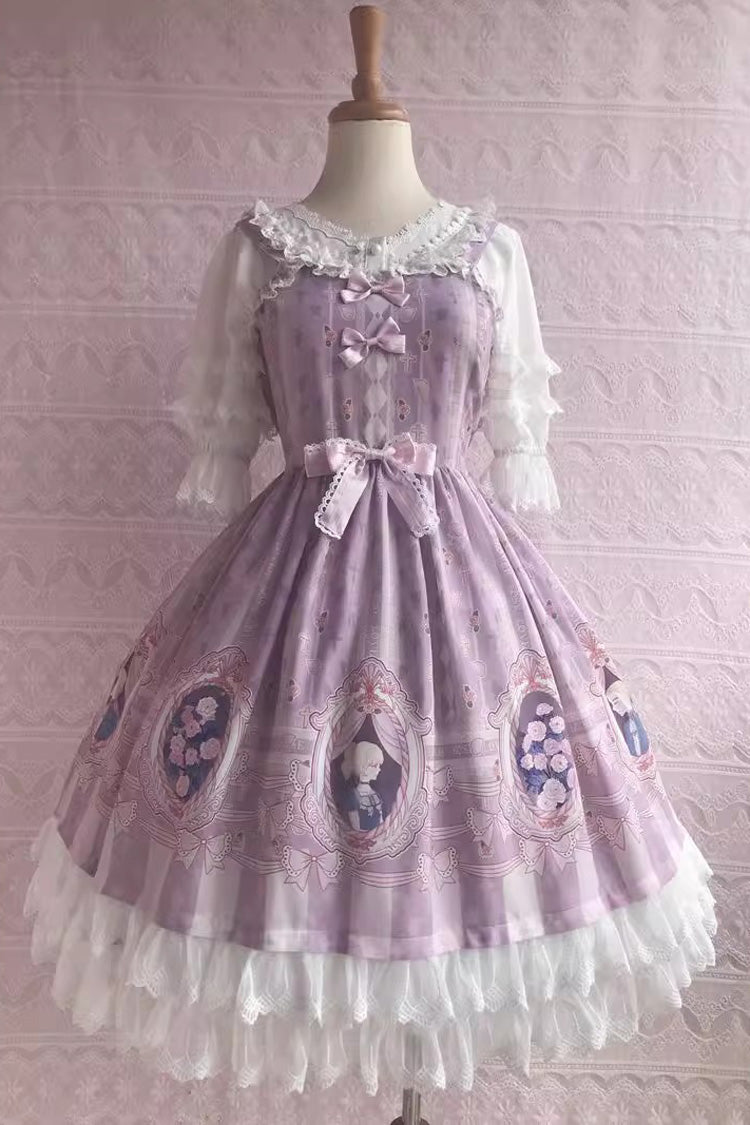 Doppellagiges süßes Lolita-JSK-Kleid mit Rüschen und Schleife im Rose Lover's Dream-Print, 3 Farben