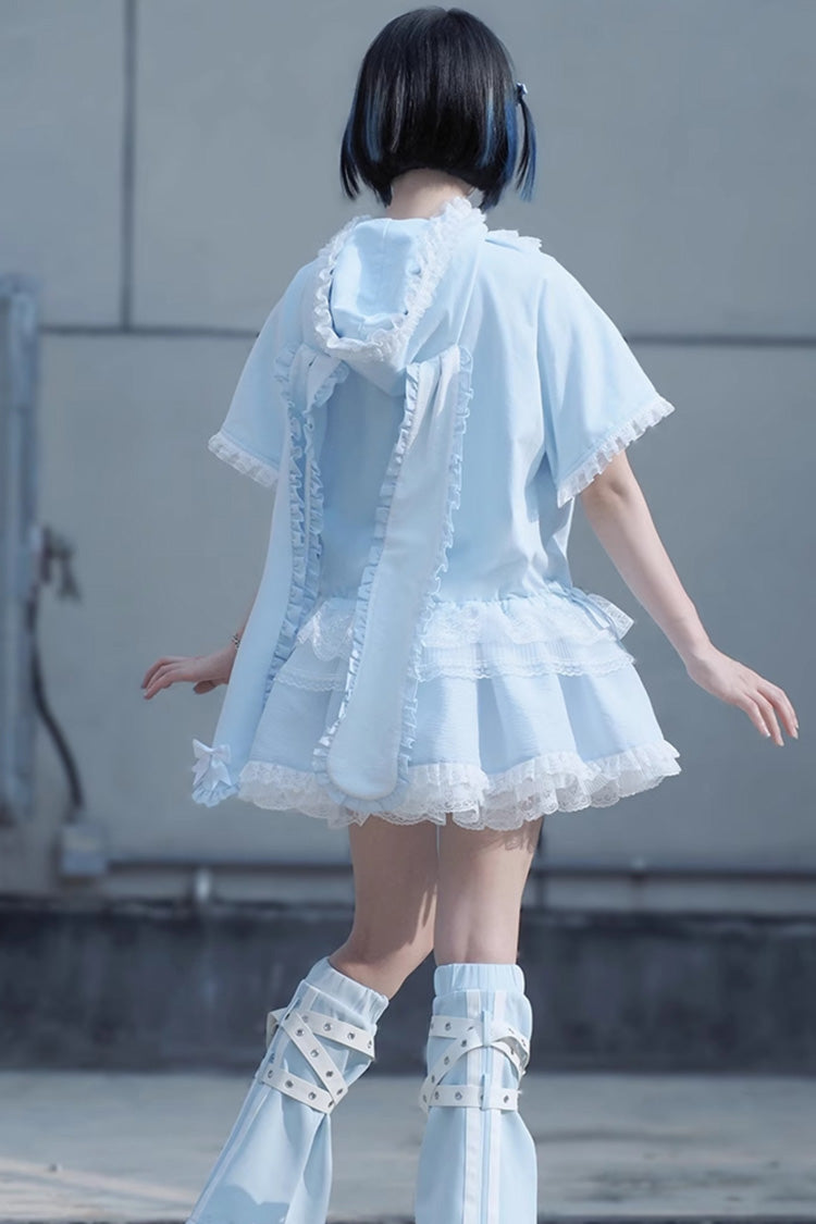 Blue Rabbit Ears Hooded Bowknot Lace Sweet Lolita Coat Set