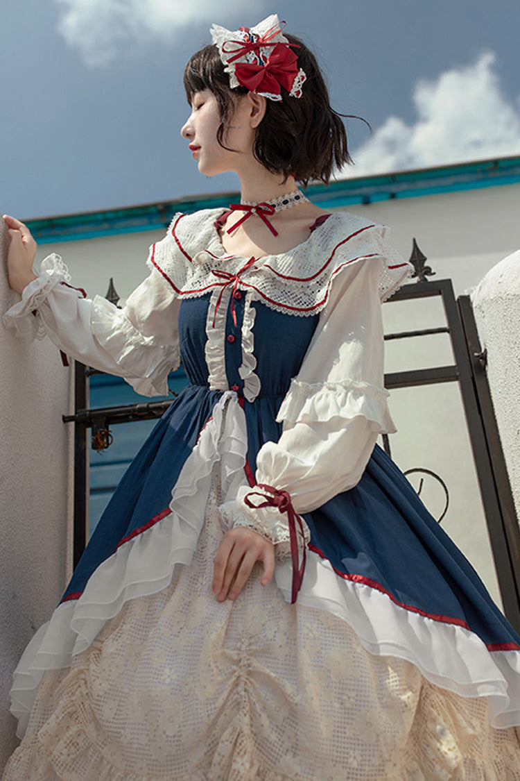 Blue/White Long Sleeves Cardigan Bowknot Sweet Lolita Dress