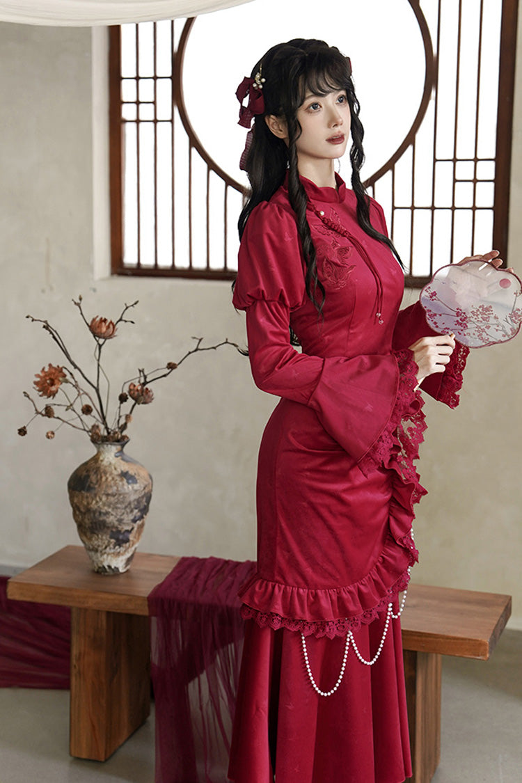 Rotes, langärmliges, gerüschtes, besticktes Schleifenkleid mit Spitze im klassischen chinesischen Stil, elegantes Lolita-Kleid