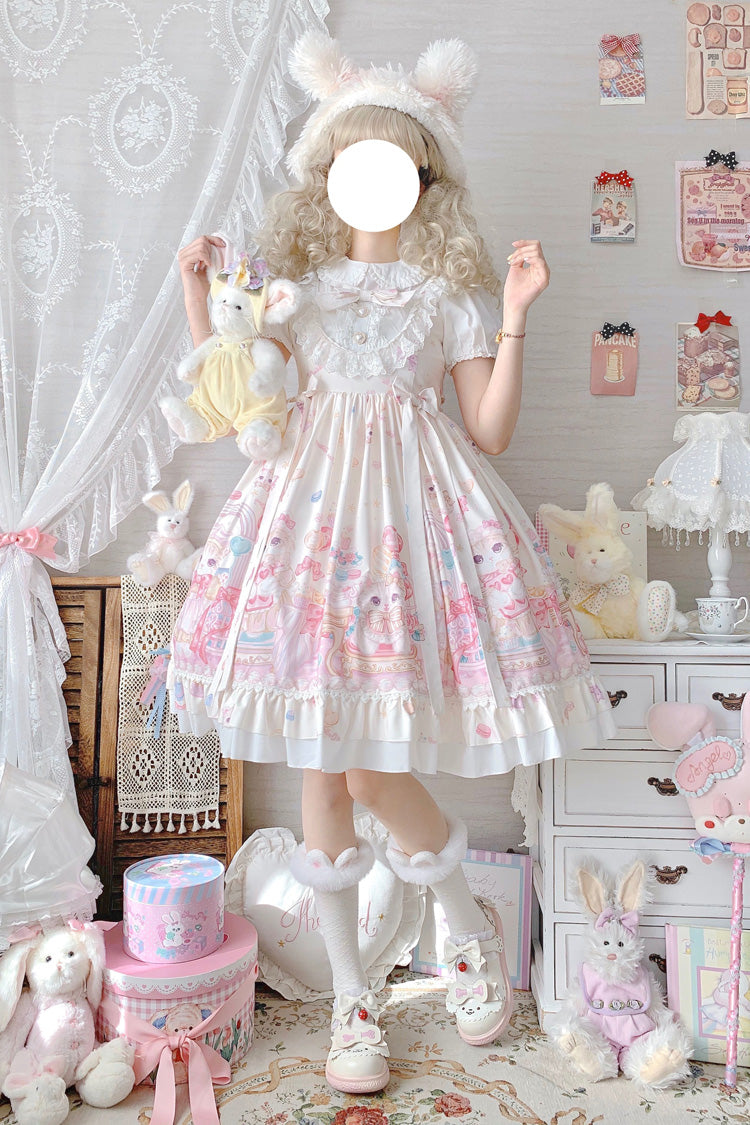 Ivory Cute Cat Print High Waisted Ruffle Bowknot Sweet Princess Lolita JSK Dress