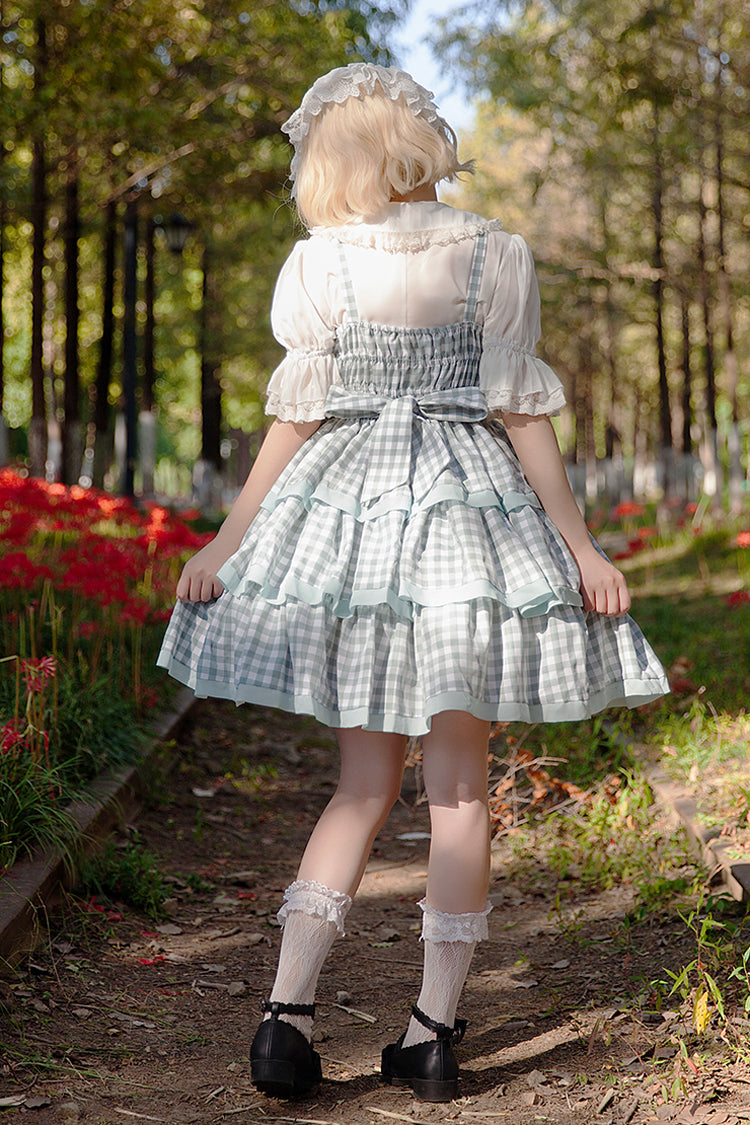 Blau [Cloth Cat] Süßes Lolita-Kleid mit dreilagigem Karomuster, Rüschen und Schleife, 2 Farben