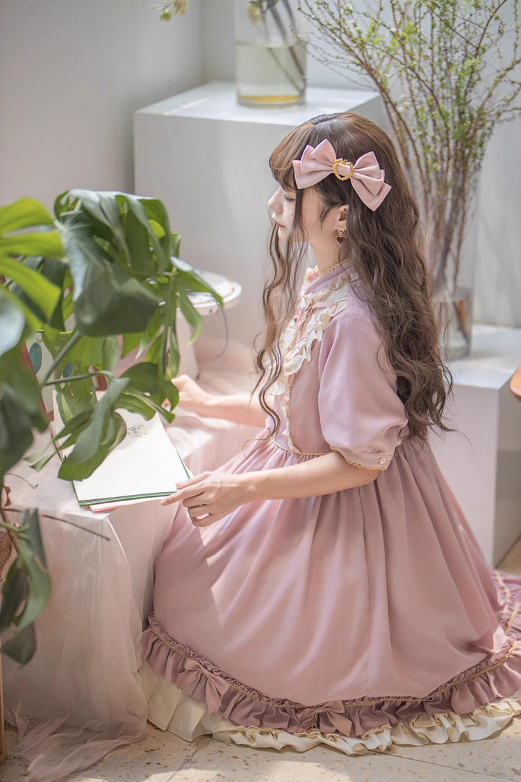 Pink Long Sleeves Ruffle Bowknot Daily Sweet Princess Lolita Dress