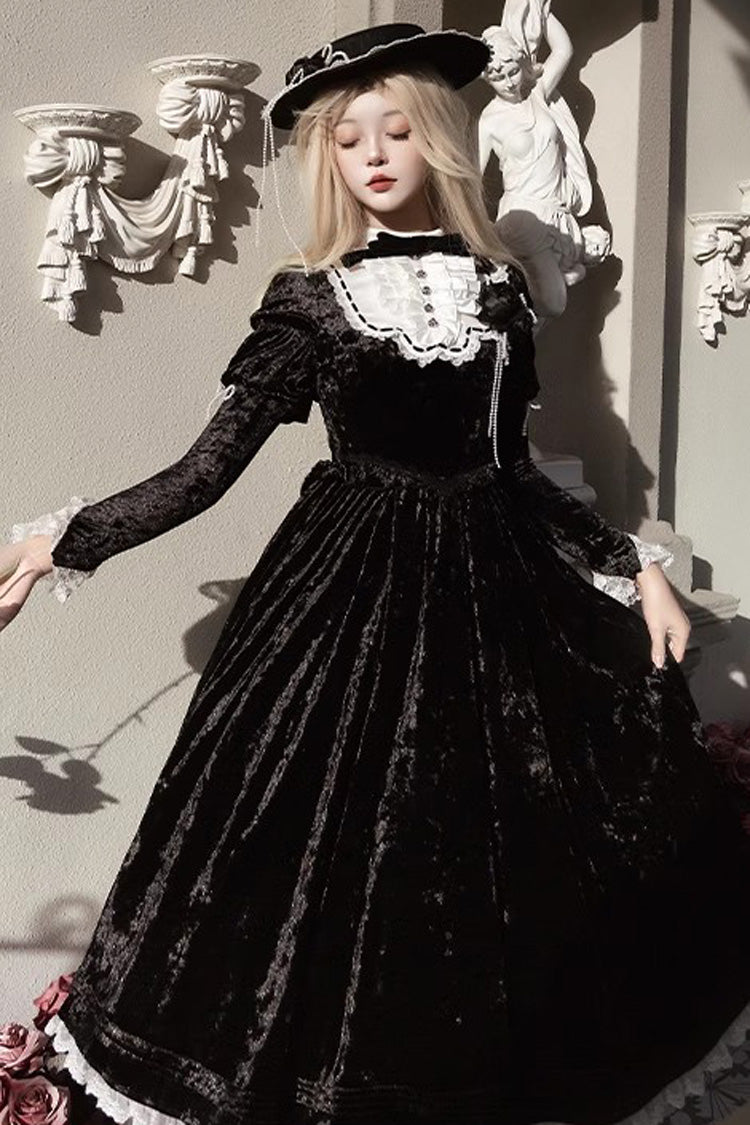 Schwarzes [Whispering Castle] Langärmliges Gothic Lolita Kleid mit Rüschen, Schleife und Spitze